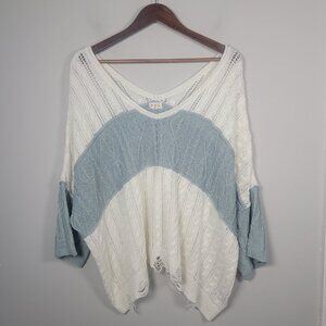 POL Light Blue and Cream Open-Knit V-Neck Sweater
